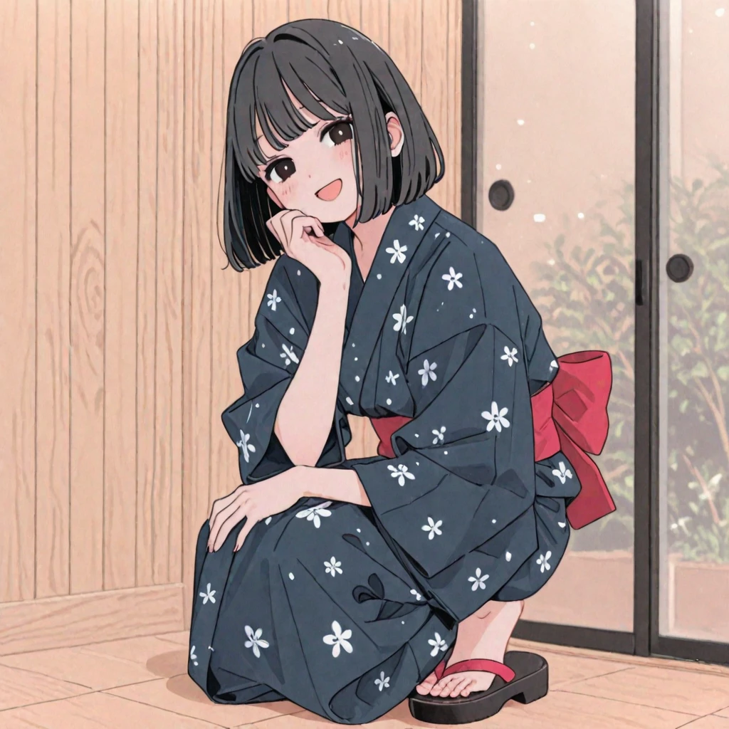 (child)，highest quality，Beautiful face in every detail，cute，Dark brown eyes，(背の低いcute女の子，Small young student，Young delicate girl）,（masterpiece，Top quality)，Black Hair，Sleepy expression，Light blue yukata