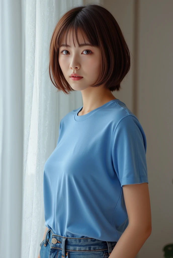 doress、(Photorealsitic:1.4)、(hyper realisitic:1.4)、(realisitic:1.3)、(Smooth lighting:1.05)、(Improved lighting quality in movies:0.9)、32K、1girl in、20 years girl、Realistic lighting、Back lighting、Facial light、raytrace、(brightened light:1.2)、(enhanced quality:1.4)、(Top quality real texture skins:1.4)、finely eye、finerly detailed face、Fine quality eye、(Tired, sleepy and satisfied:0.0)、 close up of face、tshirts、(enhance body line mood:1.1)、(Increase the beauty of skin texture:1.1)、((Suzuni Hirose))、