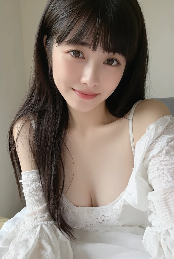 Chinese 16-year-old female junior high school student、(Feel free to hairstyle:1.2)、Cleavage 3.5. Single eyelids、Hold your head high and your chest high、pretty Woman:1.0、black hair、Loose and light lace underwear、Shoulder abduction、slim、Smiling facial expression、High Ponytail、Fatal position nipple、White