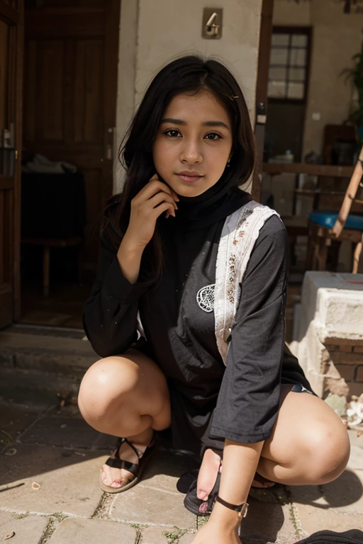 Young sweet beautiful Bogor city girl, 25 years old, descent mixed from sundanese and javanese, shy and quite type girl, sweet georgeus round childish face, teenage breasts, slim little childish body, thin black hairs pony tailed with a bangs, big wide forehead, big round eyes, big dark mole under her  eyes, white pale skins, dark brownish  sensual little mouth, sensual heavy upper lip, cute little hawk greek nose, no makeup,  wearing thin  long sleeve t-shirt, wearing blue jeans trousers,  lying dead weakly at front of her home in the sunny morning after hit by a car,  wearing broken and cracked glasses,  wearing messy torn aparts white thin hijab that closing all her hairs and ears, wearing damage and broken wedges sandals, half closed turned up eyes, some bleeding wound on he body, blood flowing out from her wounds, from her head to her toes visible view, very detail, very realistic very natural, 
