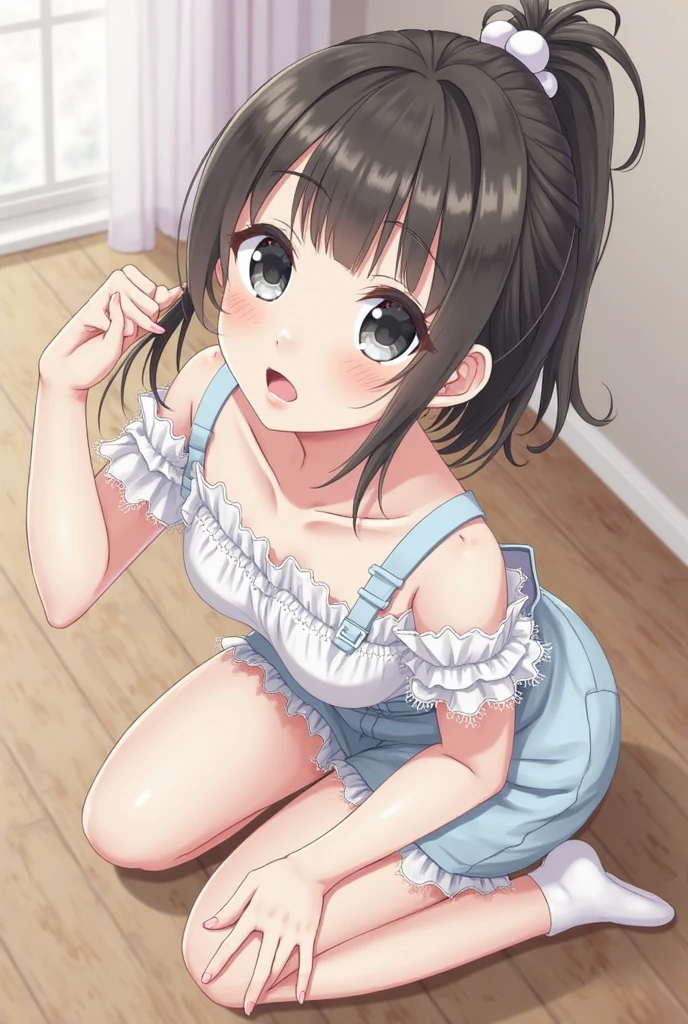 masterpiece,ultra-detailed,best quality,petite, twister-game,shiny skin,wavy mouth,open mouth, girl,black ponytail,all fours,blush,sweat, lkp, breasts, loose white tanktop, miniskirt <lora:add_detail:1.2> <lora:lyp v1:0.9> <lora:twister:0.9>