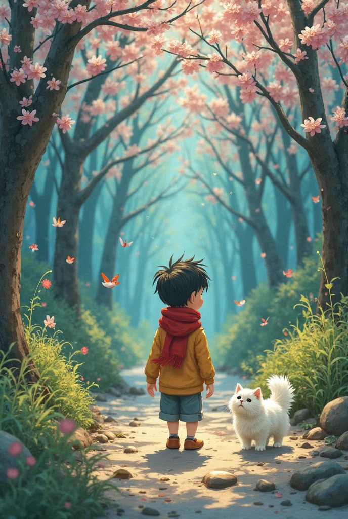 A boy and a dog standing facing up