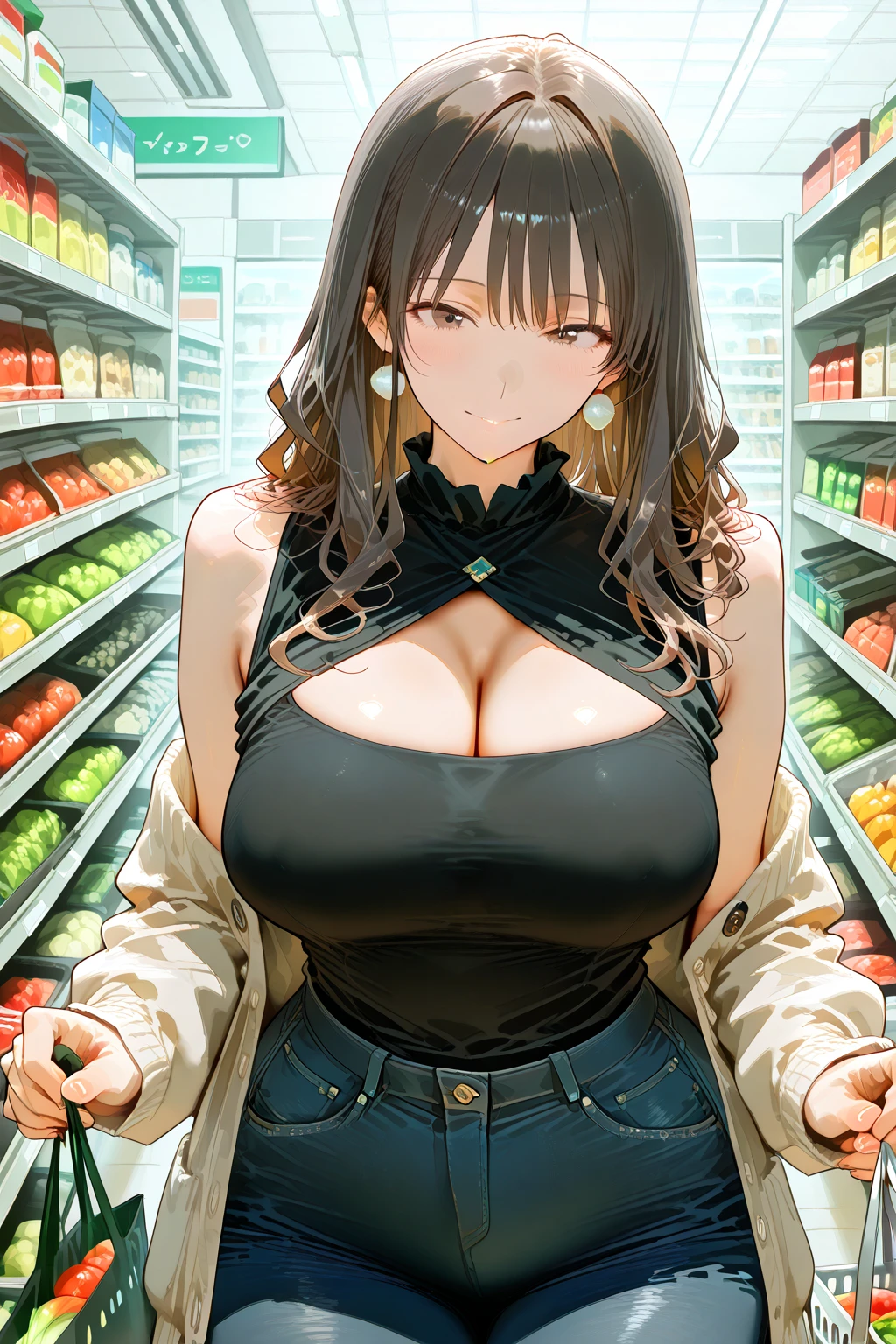 Female 26 years old,housewife,Sunlight,Smile,put on lipstick,Light brown curly short hair,A ponytail on the left,Slightly plump,huge firm breasts,market shopping,Wearing a watch on the right hand,half moon earrings,