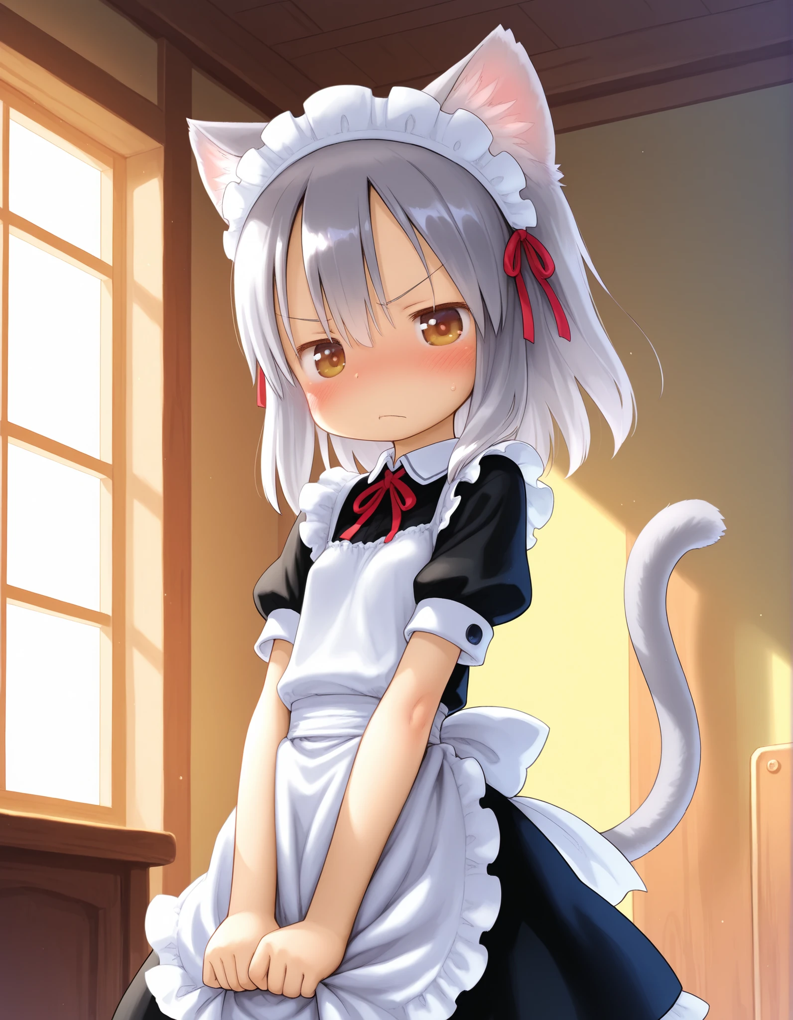 tsukushi akihito, 1girl,petite,(skinny and frail:0.7),
cat girl,maid,
brown eyes,looking at viewer,
grey hair,medium hair,
blush,annoyed,
tail raised,
indoors,
grey tail,
masterpiece,best quality,amazing quality,