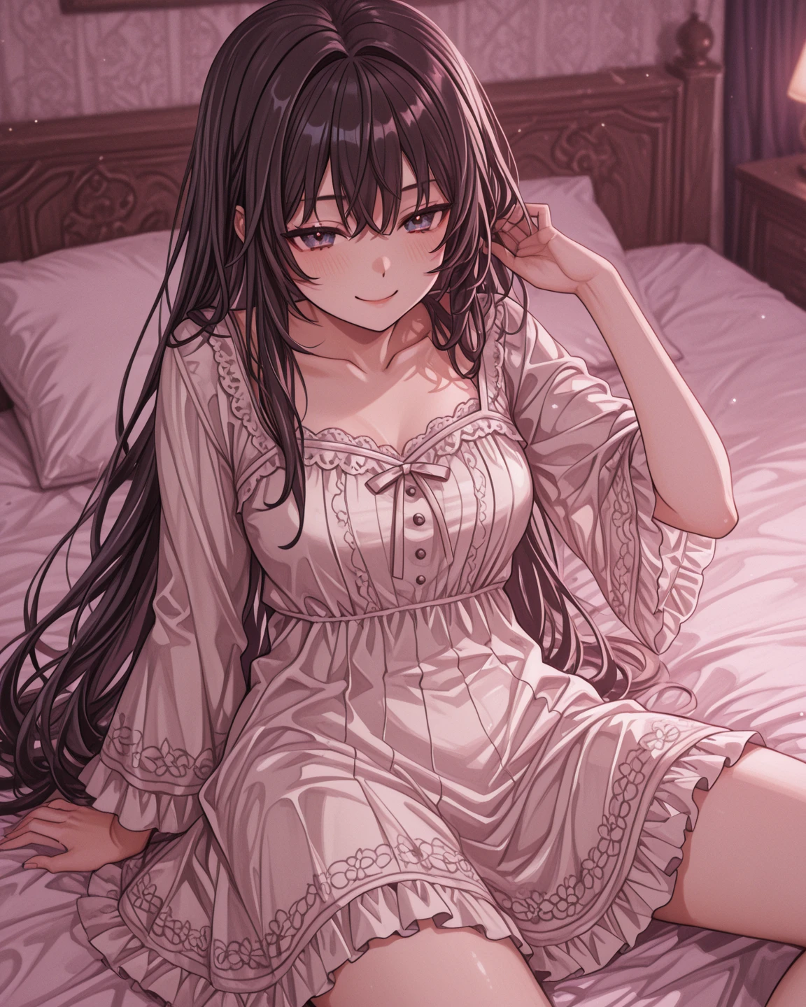 最high quality、best image quality、masterpiece、teenage girl((loose black pajamas、18-year-old、 Agar、vest bust、big bast,black eye, black hair、Slender,big valley、clean and clean、床futonの上、yawn、raise your arms)),high quality、beautiful art、With background((nice and clean room.、futon、cute chest、stuffed animals、pink wall、DVR、Aroma diffuser))masterpiece、Depth of the bounds written,cinematic style