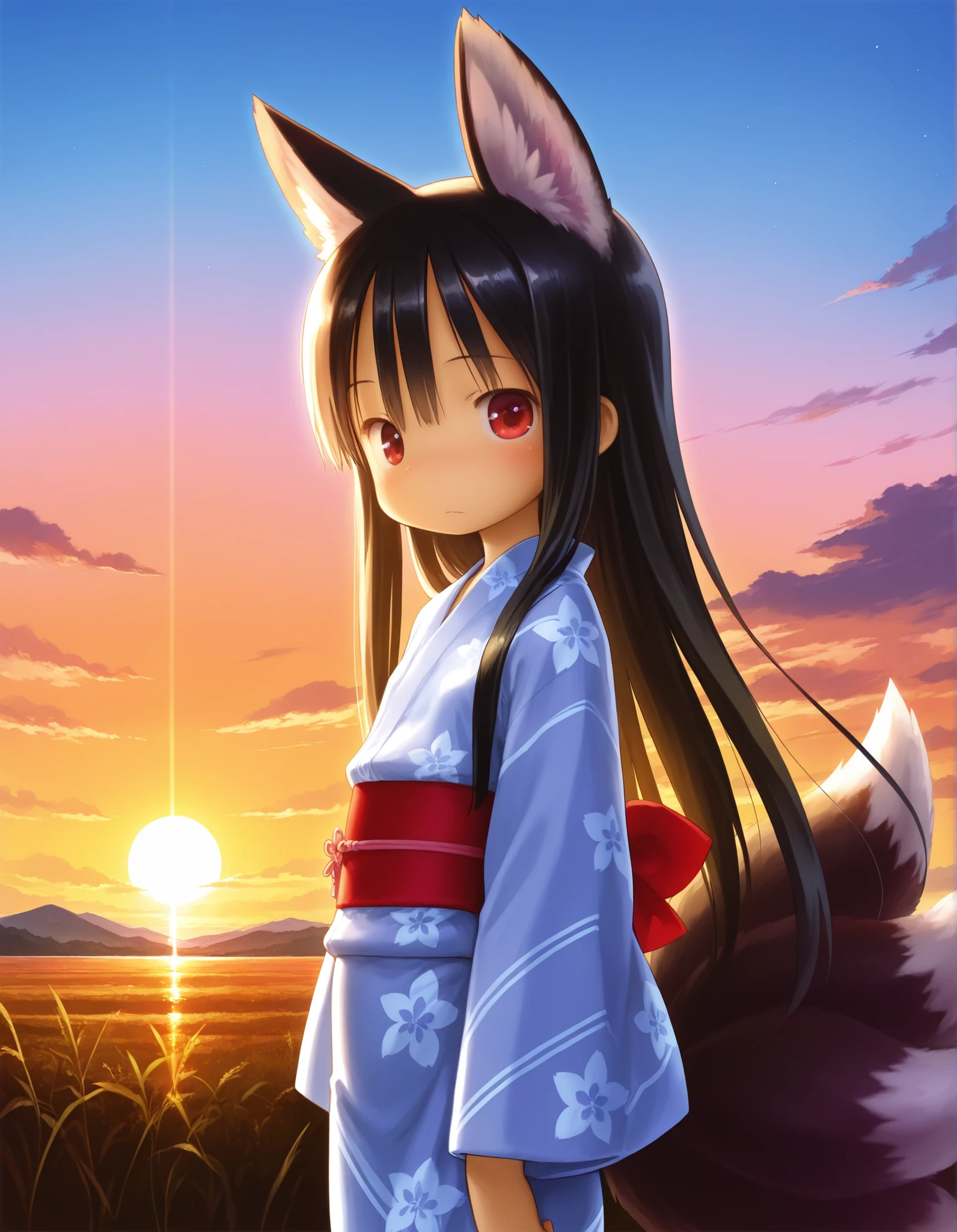 tsukushi akihito, 1girl, (skinny and frail:0.5),
kitsune,
looking at viewer,
black hair, long hair,
fox ears, multiple tails,
yukata,
sunset,
(young),
cinematic, detailed, contrast,
masterpiece,best quality,amazing quality,