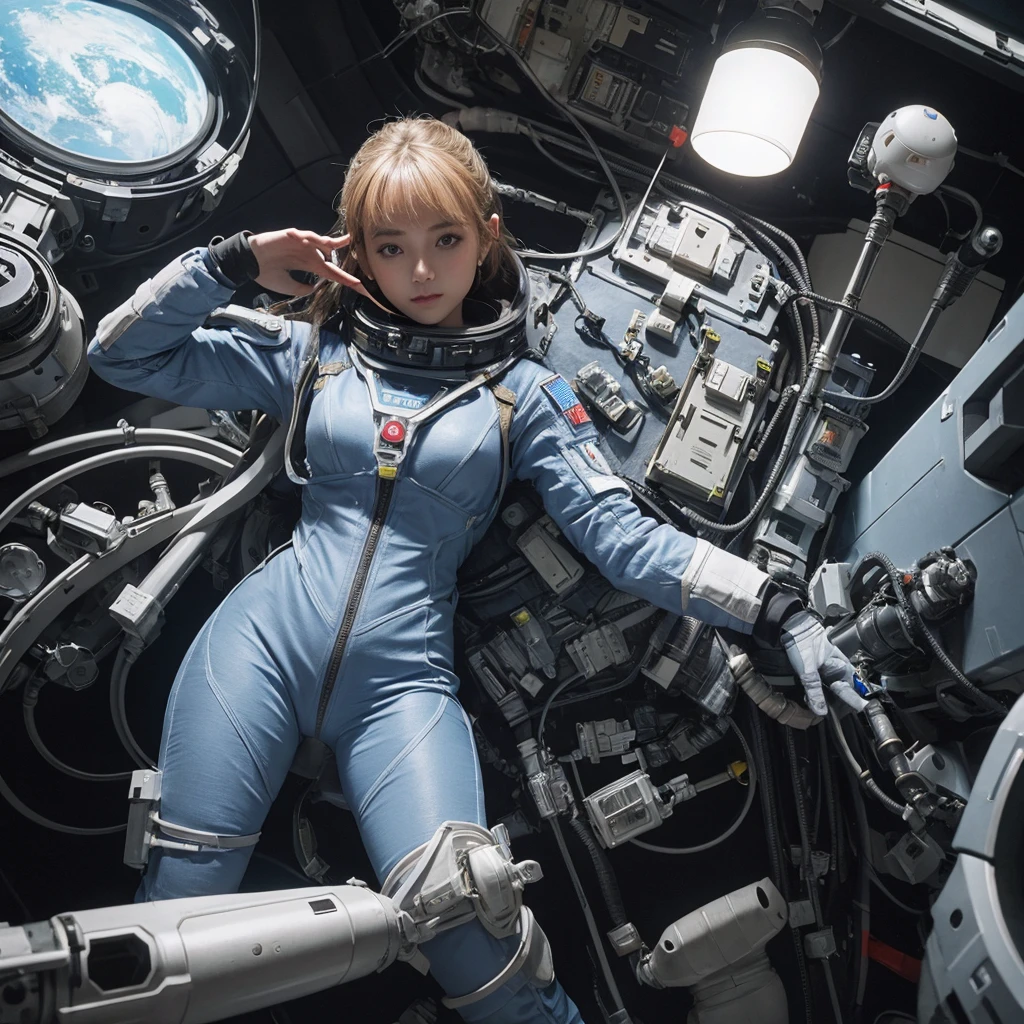 Ridiculous resolution, high resolution, (masterpiece:1.4), Extremely detailed, 1 Girl, in spacesuit, Look from above, space, floating, satellite, Running posture, Wide-angle lens distortion,nude