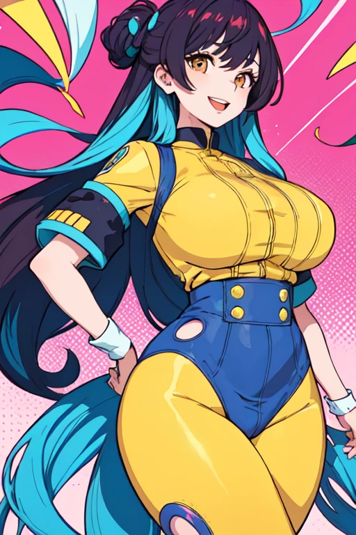 (light skin:1.1, thick thighs:1.1, huge breasts:1.1) afro, (tight:0.9) orange button down, 70s clothes anime superhero attire, holding a (kitana:1.1), (best quality:1.2), ultra-detailed, (realistic:1.37), portraits, vibrant colors, warm tones, soft lighting
