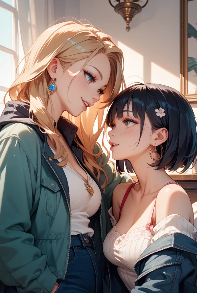 (anime drawing)One  GL women (lesbians) kiss each other passionately. (Beautiful, sexy, hot) They kiss in their beautiful, harmonious embrace 