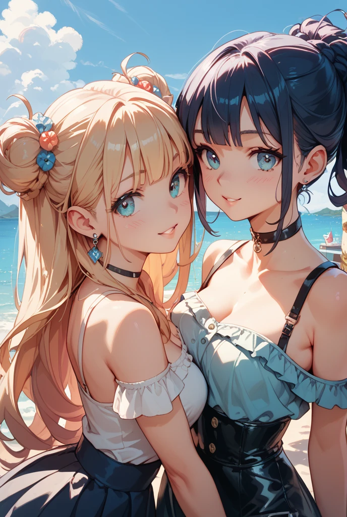 ((masterpiece、top-quality:1.5、a high chroma:1.5、ultra-detailliert、high-resolution illustrations:1.5、Ultra-high-definition CG、8k size wallpaper、offcial art))、((2girls、twin sisters)),(yuri),(cute face:1.5)、(clear face:1.3),(Shining eyes:1.5)
((black-only color scheme highleg swimsuit:1.5)), ((white-only color scheme frilled bikini:1.5)),(sexy body),(One is only black and the other is only white:1.5),(),(), ((medium breasts))、
,(Background is bright colors, summer beach)、midjourney