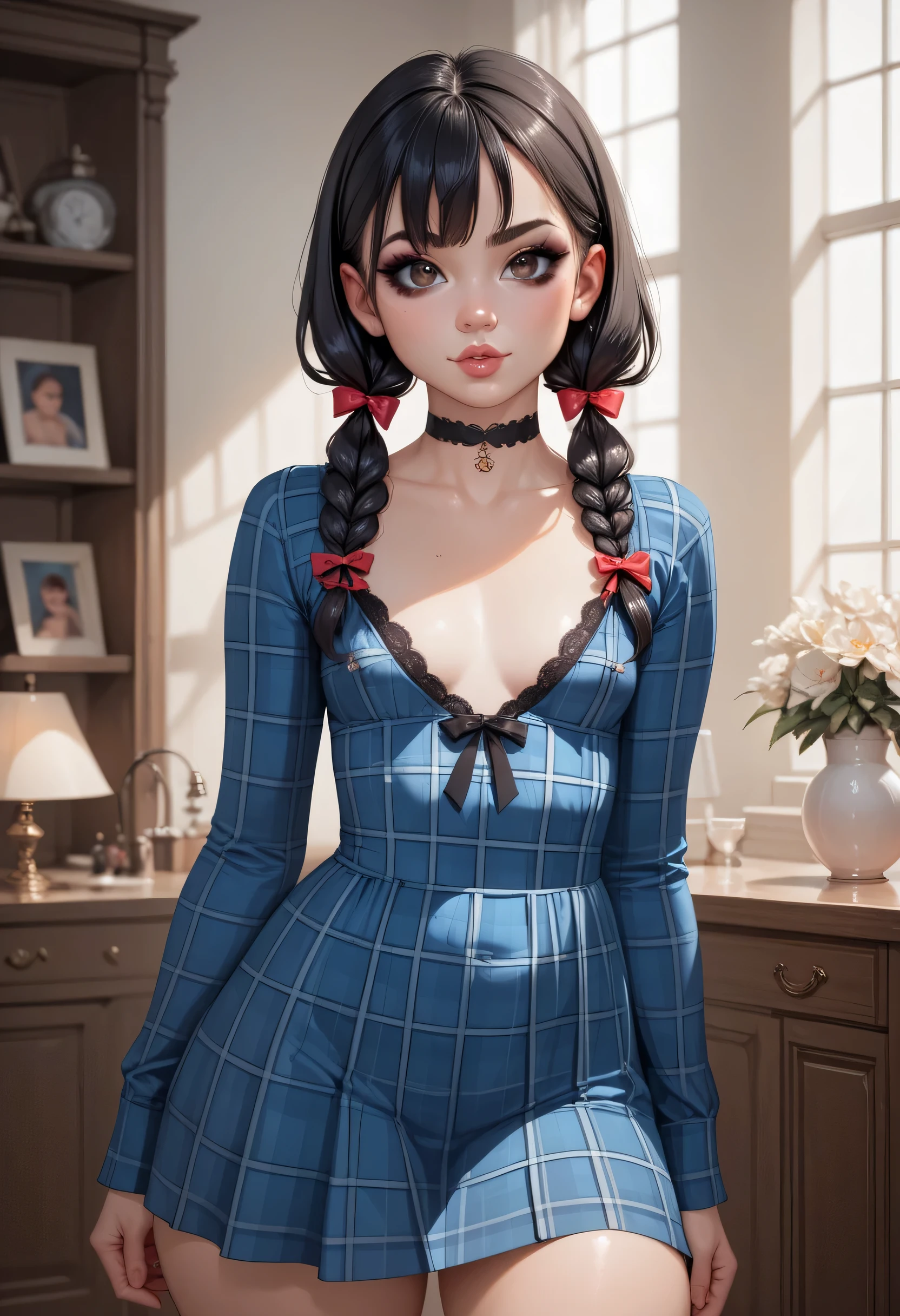 Girl 18 years old, porn star body, big lips, Plump lips, hourglass body, slim stomach, big eyes, Brown eyes, eyes full of lust, small nose, narrow nose, Plump lips, narrow cheekbones, sunken cheeks, narrow face, short bangs,black hair curls, Big hips, dressed in an erotic red satin tight dress, gorgeous neckline