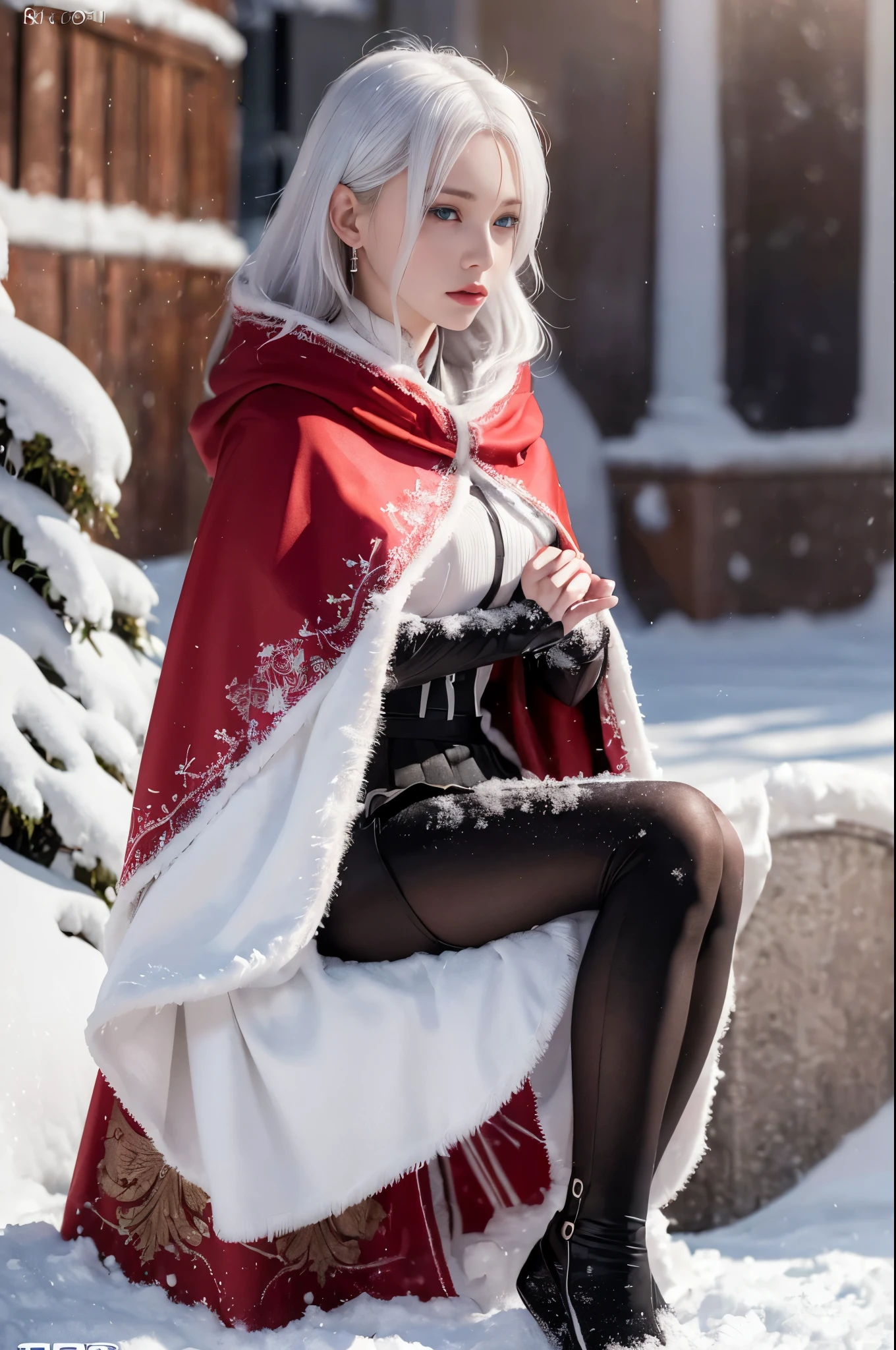 (8K, RAW photo, Photorealistic:1.4)， high resolution, 1 Women, Solo,。.。.。.3D，Sitting,(ta costume)，Wear a flowing skirt， Beautiful eyes, White hair, ringed eyes, (sitted，Cloak，Cover with snow，Heavy snow:1.nowfield