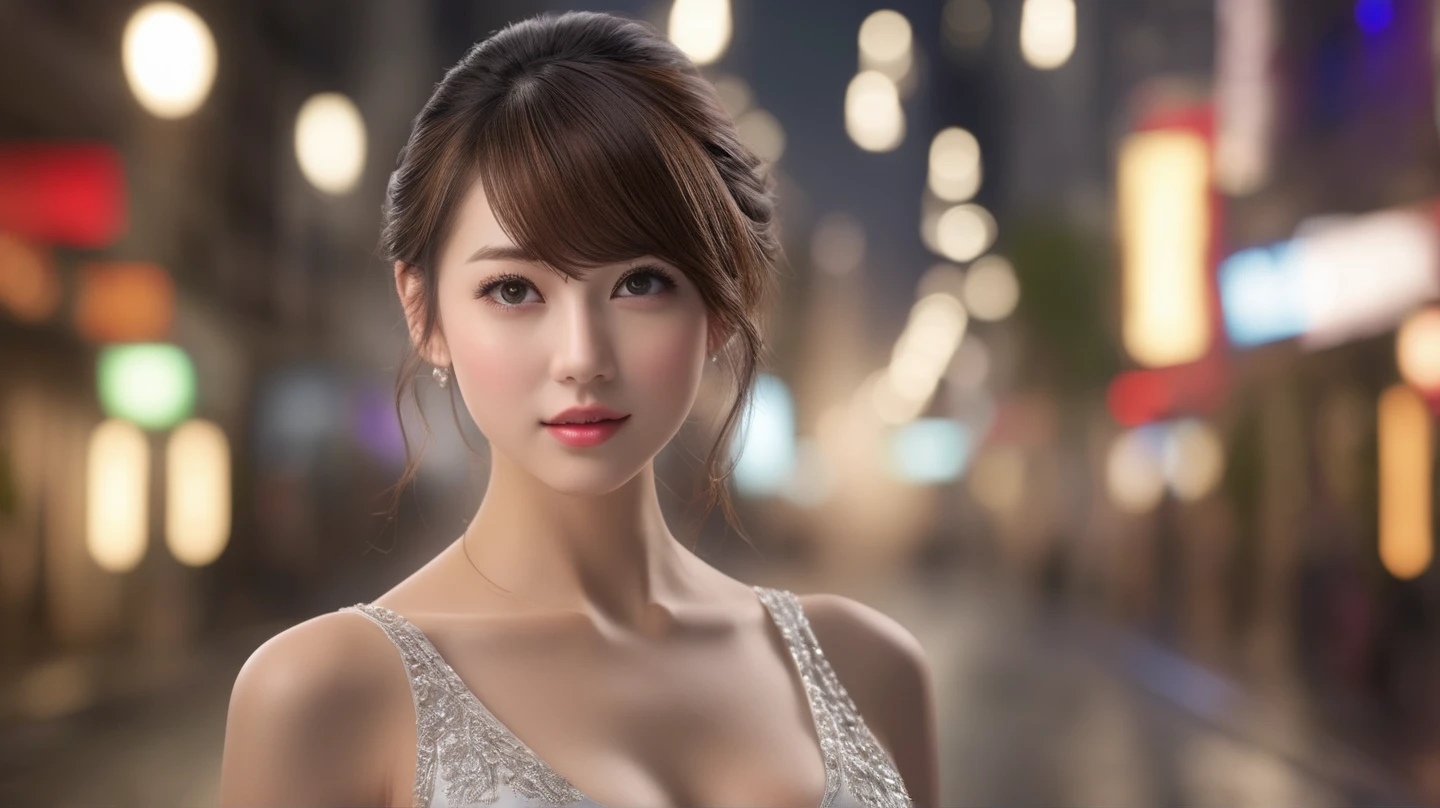 8k, Ultra-high resolution, Highest quality, masterpiece, 三分割法によるphotograph,Surreal, photograph, 1 Girl, (16 years old:1.3), pretty girl, Cute Face, Beautiful eyes in every detail, 細かくdetailedに,masterpiece,One Girl:1.2, Japan Female Announcer,extream close up,light smile,Black Hair,Wavy bob,Night view,bustling street,Prostitute,Flashy clothing,Slutty Makeup,Realistic Skin, Perfect and beautiful face ,完璧でCute Face, Skin with attention to detail, Perfect limbs、Narrow waist、Thin legs),Looking at the audience、beauty,Long neck、(((Ideal body type))),A cup small breasts :2,Portraiture:2,Perfect ???????,鮮明なdetailed,detailed,Surreal,Light and shadow,glowing