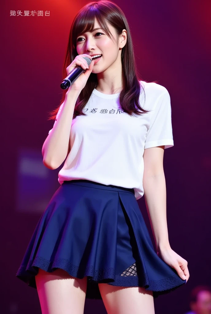 Japanese、girl、12age、美girl、Short hair、Idol、Bust is large、Cute costumes、tight little clothes、very short skirt、Lifting skirt with hand、showing panties、live stage、dynamic pose、
