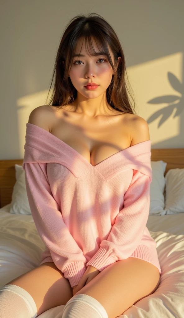 A young lady aged 16 yrs, with long strawberry blonde hair, wavy hair, with air bangs. She is wearing a pink pajamas. She is wearing pink hair clips. Looking directly into the camera. She has fair skin, and braces, constricted pupils, parted lips, large breasts, perfect lips, perfect nose, cute face, baby face, Hyperrealism, cinematic lighting, jpeg artifacts, full body view, bokeh, textured skin, UHD, best quality, masterpiece, high details