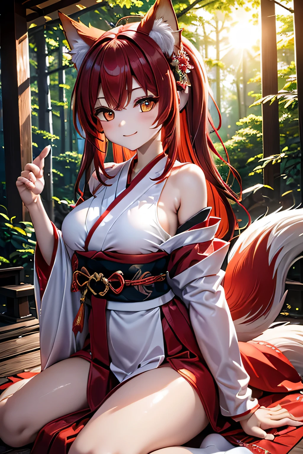 (masterpiece), best quality, expressive eyes, perfect face, fox girl with a ((fluffy tail)), under a cherry blossom tree, colorful body-tight summer dress, red and detailed eyes, cleavage, perfect view angle, portrait effect, exotic body type, expressive tattoos on arm, delicate lighting and shadows