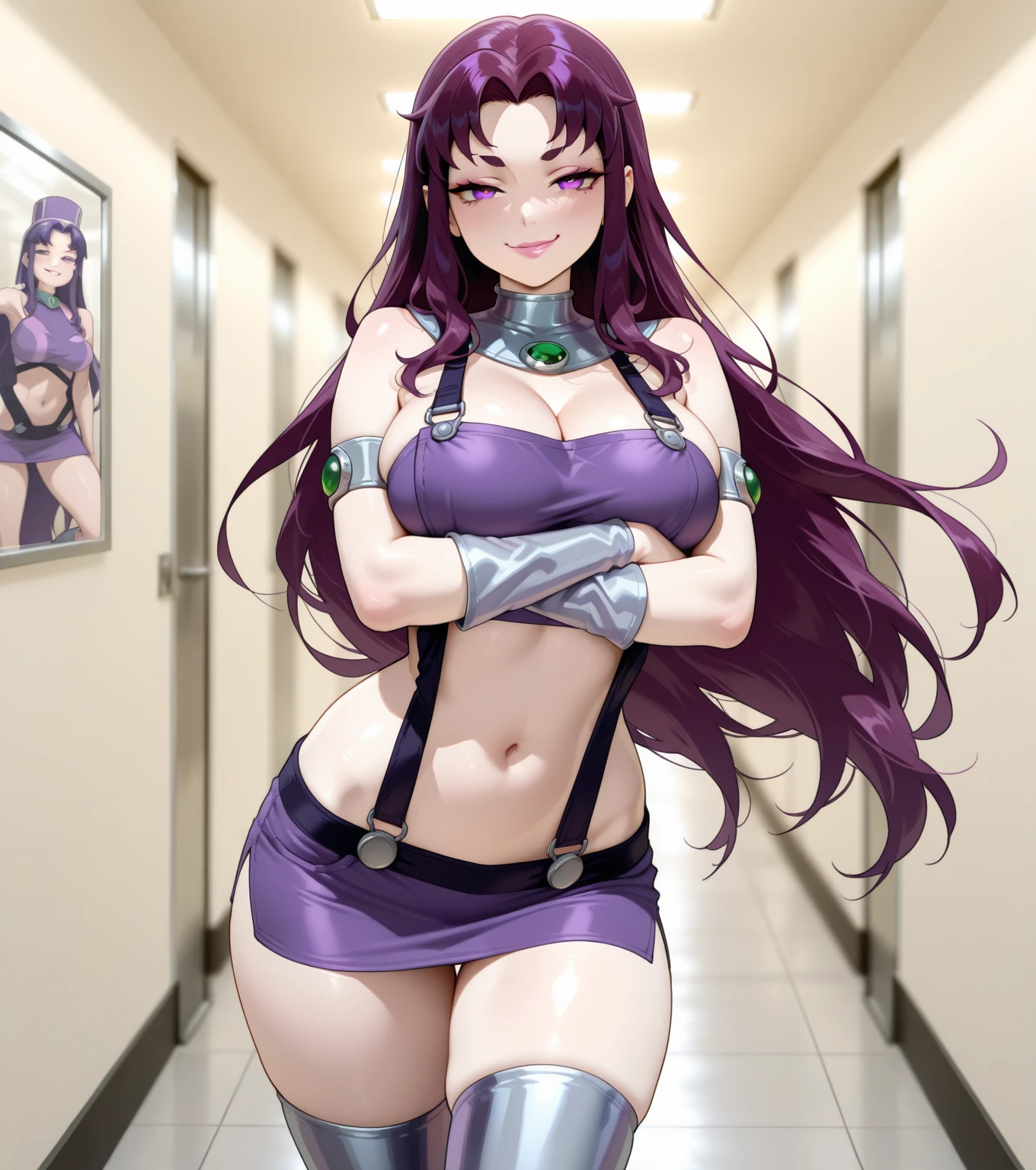 masterpiece, best quality, highres, sf1, midriff, purple skirt, crop top, purple thighhighs, bare shoulders, belt, sitting, smile, indoors, crossed legs, (NSFW), PANTYSHOT, Pov upskirt,