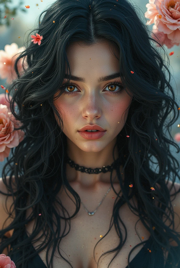 Create the face of a beautiful woman made only with black rose petals
