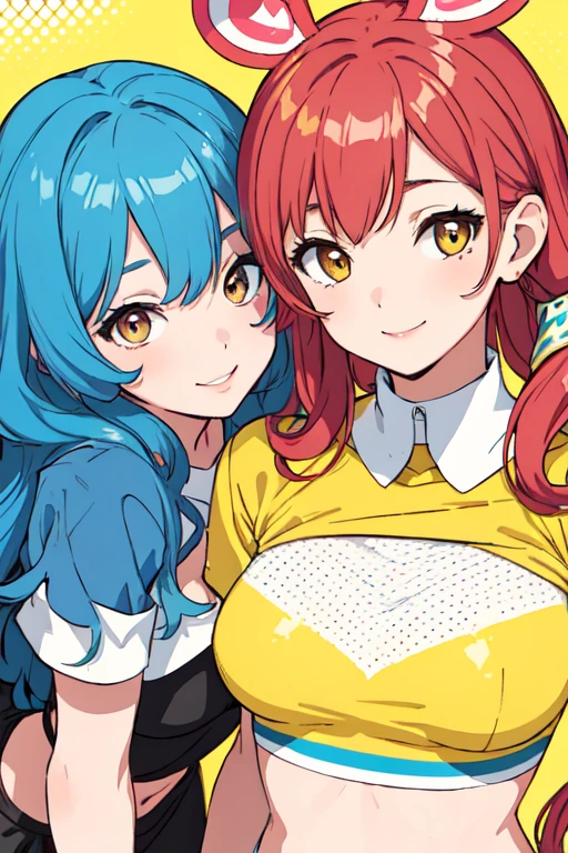 best quality, (masterpiece),(ultra-detailed), (high quality), (high resolution), ((2heads:1.5)), best quality:1.5, highres, UHD, 16K),((two headed woman)), smiling, 1girl, red hair, blue hair, yellow eyes, carefree, smiling, Yellow t-shirt, black hot pants
