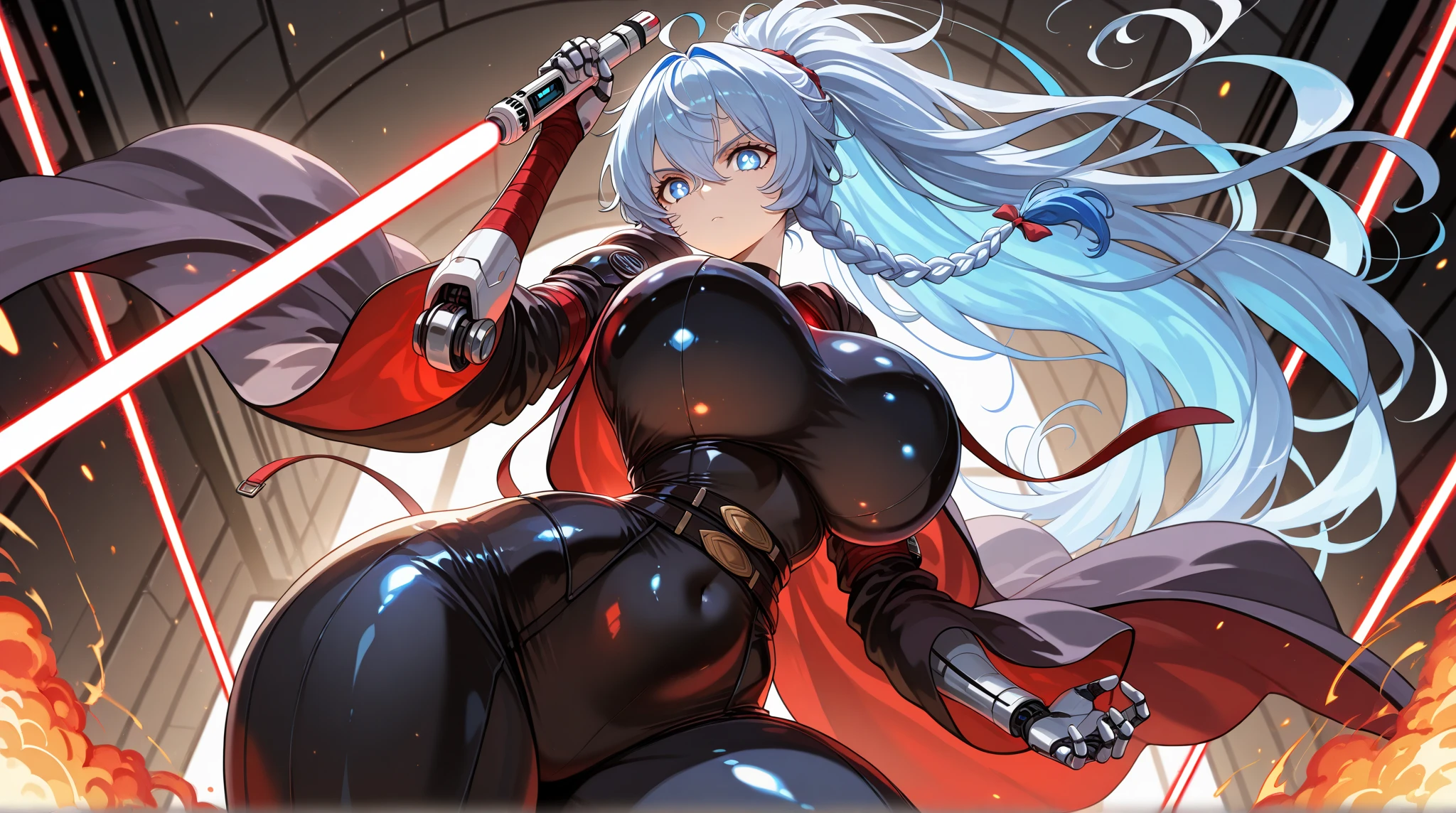 Good quality, 2D, 1woman, full body, kunoichi, white skin, huge boobs, sexy, platinum hair, long hair, blue eyes, gorgeous face, based in naruto shippuden art style