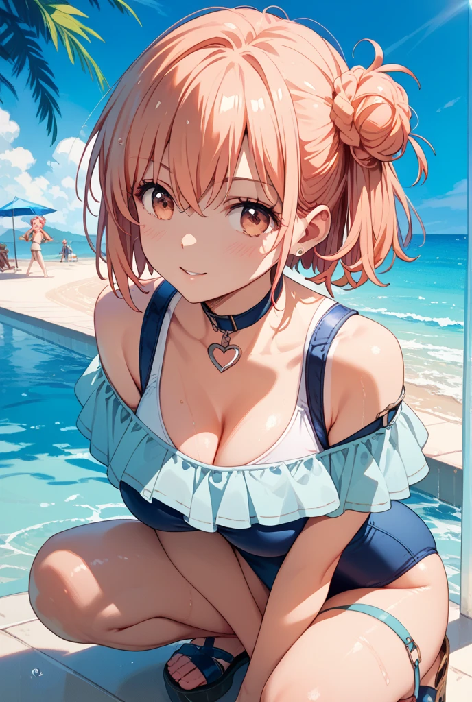 best quality, insanely detailed, nino nakano,  breasts, blush, swimsuit, bikini, striped bikini, flower print