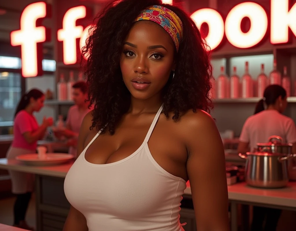 Beautiful black woman with huge perfect breasts shows off in a bar, afro hair in brown and orange, perfectbody, realistic lighting, the beautiful woman has a bottle of beer on the counter, people in the background blurred, medium dark background, beautiful woman near the bar counter, beautiful big breasts