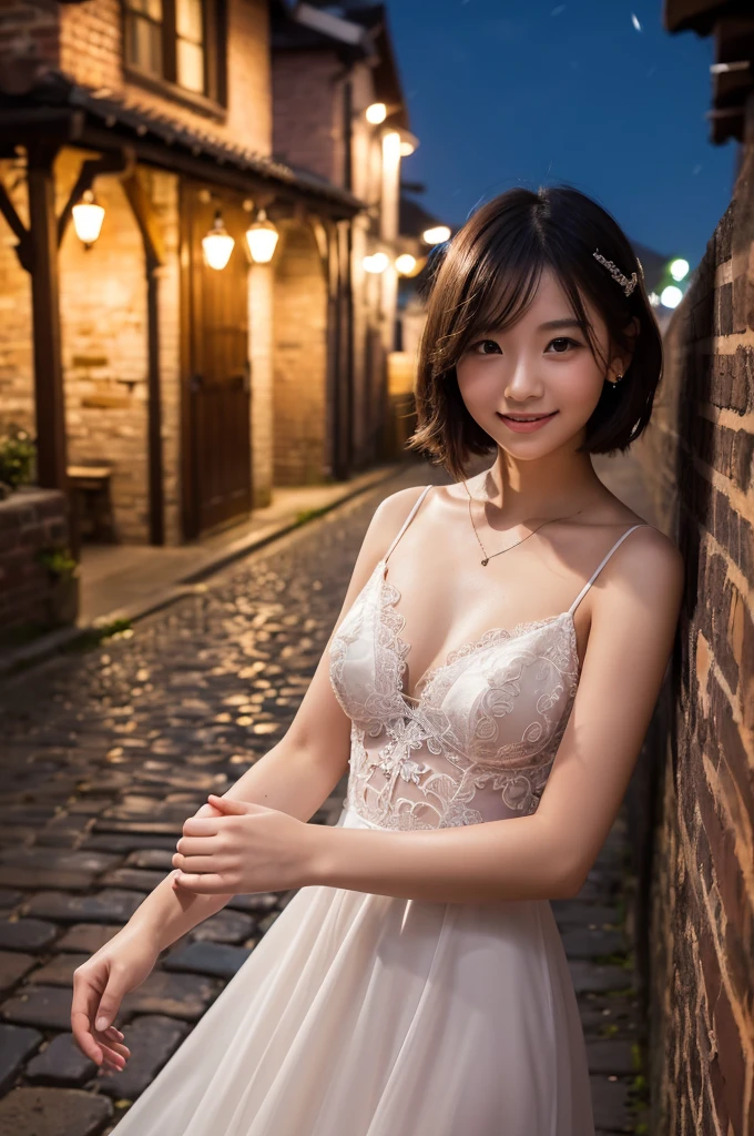 (8k, top quality, masterpiece: 1.2), (realistic, photorealistic: 1.37), super detailed, Japan person, 1 girl, black hair, cute, nice, adorable, beautiful detailed sky, detailed café, night, sitting, date, (blush), (smile: 1.15), (closed) big, big breasts, beautiful fine eyes, business wear, white lace, (short hair: 1.2), floating hair NovaFrogStyle,