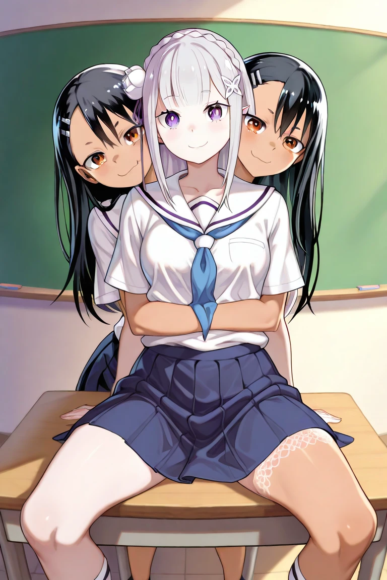 Girl long white hair blue eyes blush on face in PC gaming room Short pleated skirt long stockings cat hoodie great quality 8k very detailed image perfect ??????? full body nsfw