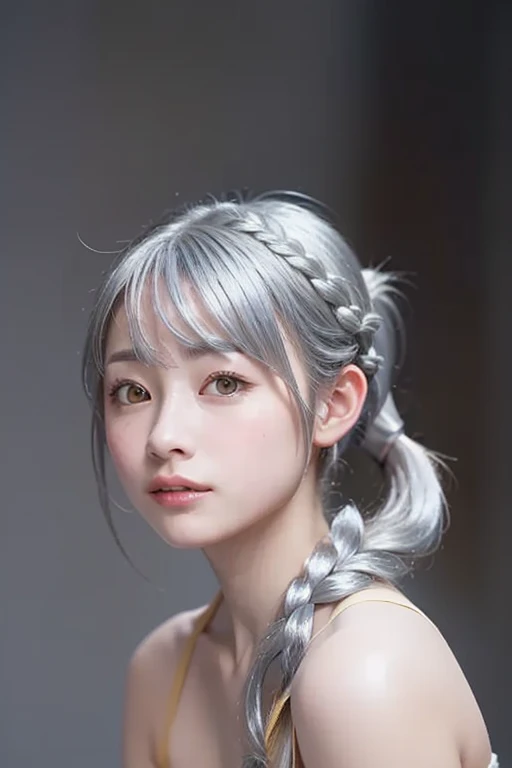 ((wallpaper 8k)), ((Surreal)), ((Quality in every detail:1.2)), 1 girl, １４talent、Kind eyes、Fuller lips、Grey Hair、Malaise、(((Small breasts、Small breasts)))、black elegant dress,Black capelet, look up, Widespread poverty, Shortcuts、Shorthair Twin Tails、Grey Hair:1.5、White skin、