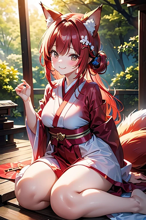 masterpiece, best quality, highres booru, 1girl, solo, abstract, colorful,
scenery, depth of field, rim lighting, flowers, petals, butterfly, vegetation, aura, magic,
BREAK
raifu, dark red hair, straight hair, blue eyes, cat ears, blush, (sideboob:0.8),
(medium breasts:0.8), mature female, white japanese clothes, (bare legs:0.9), slight smile,