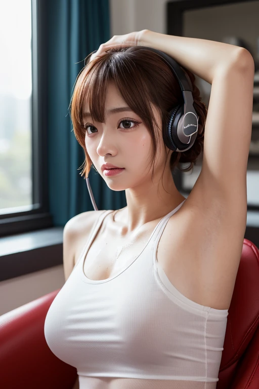 Highest image quality, excellent details, Ultra-high resolution, (Realism: 1.4), ((close up:0.75)), The best illustrations, favor details, High concentration,1 Female, beautiful and delicate face, perfectly proportions, (slim:0.3, Breasts are big), ((Underwear)) (Wear high-tech headphones), captain, Simple gray wall on background,
