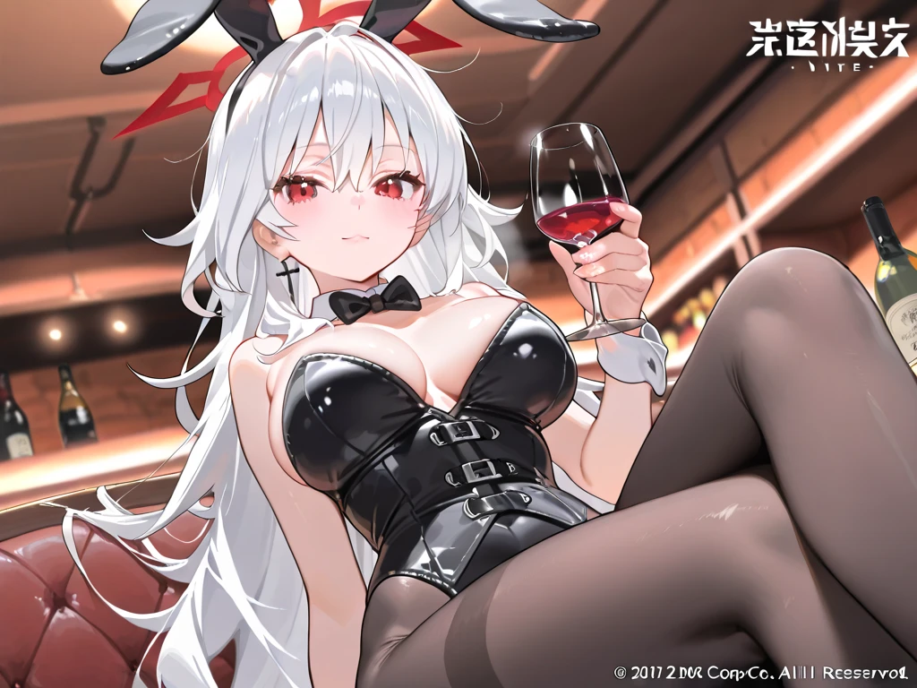 1girl, solo, long hair, breasts, looking at viewer, smile, blue eyes, red eyes, bow, animal ears, twintails, medium breasts, sitting, tail, white hair, pantyhose, indoors, bowtie, rabbit ears, leotard, cup, wrist cuffs, black pantyhose, strapless, black bow, detached collar, fake animal ears, heterochromia, playboy bunny, rabbit tail, fishnets, drinking glass, strapless leotard, black bowtie, white leotard, fishnet pantyhose