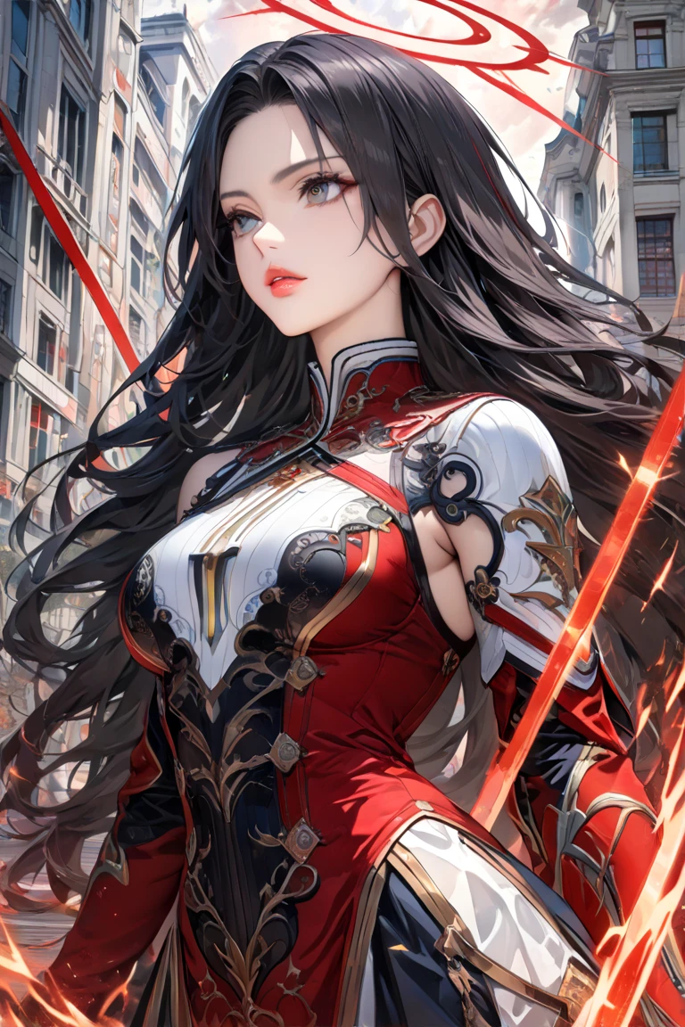MAKE A PHOTO OF A MATURE WOMAN ANIME CHARACTER "QUEEN MEDUSA" HIGHLIGHTING SHARP EYES , BLACK HAIR UNLOCKED, THE QUEEN'S CROWN IS RED IN THE DONGHUA MANGA SERIES "WITH A TYPICAL CHIRI OF AN UNSEXY DRESS IN RED. AND HOLDING A RED SWORD.