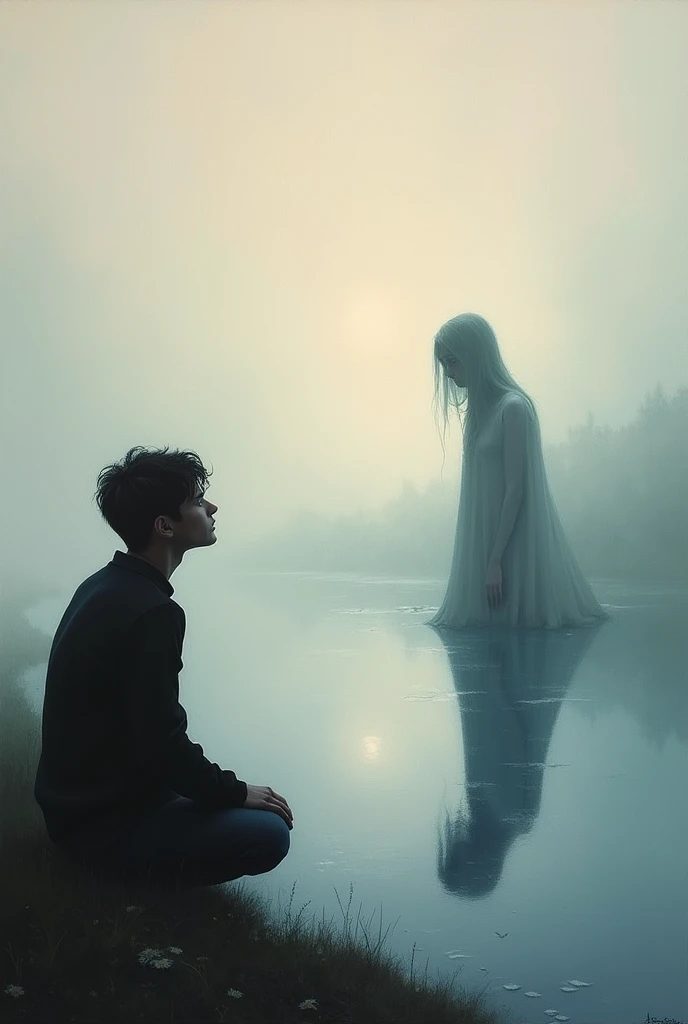Soul of a transparent teenager sitting next to his sad girl partner in a park