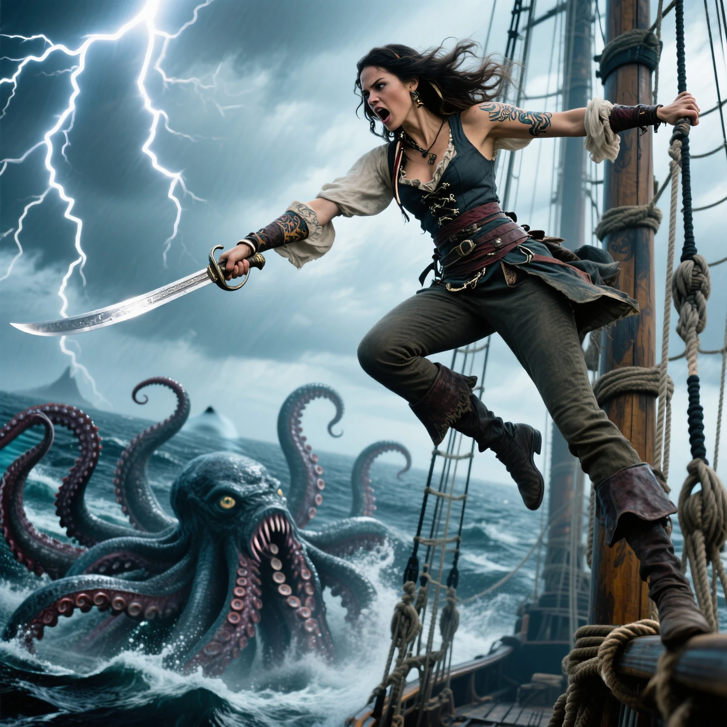 Realistic and cinematic, a brave and beautiful female captain from the Age of Exploration, wearing period-appropriate attire, standing on the deck of a sailing ship, raising her saber to fight a gigantic Kraken, fierce and determined expression, blue sea and sky, sparkling water splashes, the Kraken's tentacles wrapping around the ship, crew members fighting alongside the captain, camera angle from behind and slightly below the female captain, capturing her in mid-action and the monstrous Kraken looming in the background, dynamic and intense battle scene, ultra-detailed rendering,