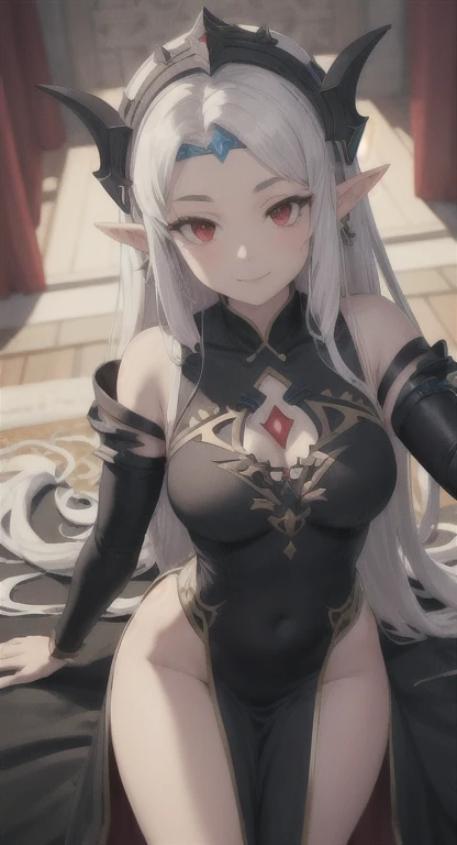 1girl, anime, cute girl, elf, blank background, white background, fantasy, detailed dark fantasy dress with highlights, beautiful face, beautiful eyes, dark colors, medium breasts, slight cleavage, beautiful skin, cute, silver hair, red eyes, breast curtains, extremely delicate and beautiful, (beautiful detailed face:1.0), (detailed deep eyes), symmetrical breasts, deep eyes, shiny skin, portrait, slender waist, hips wider than shoulders, thighs, young girl