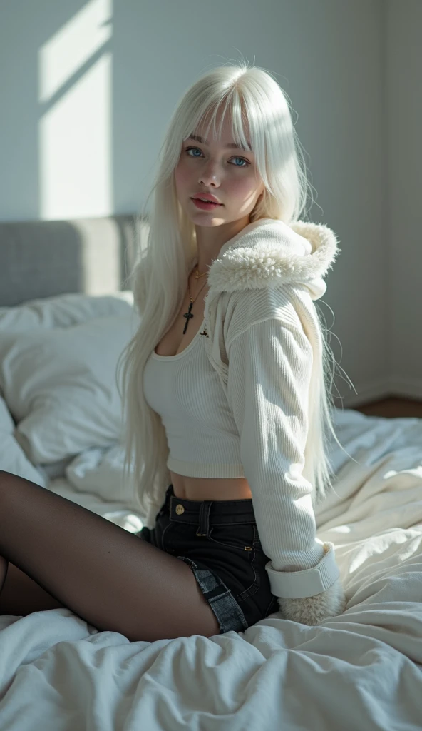 A (((full-body))) picture of an ethereally beautiful 1 girl. She has Caucasian features and ((very pale white skin)). Her eyes are a striking blue, and she is wearing ((heavy black eye makeup)). She has a very slim body with long thin legs and large round breasts. She is wearing a tight white crop top, a very short black miniskirt, and black boots. She is sitting in a provocative pose that shows off her legs, and her (((whole body from head to toe))) is shown in the photo.
