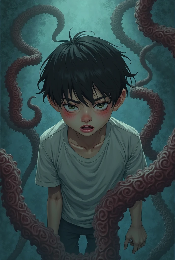 A little boy's lower_body is transformed into a octopus(Japanese anime style)(drider)(student costume)(eight tentacles)(red eyes)(basement)(wet and dark)(eggs on floor)