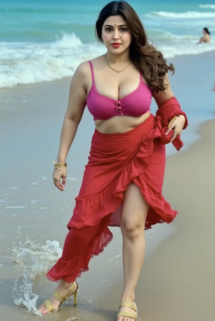 thick, wet chubby voluptuous girl wearing nude wet red saree, showing nude thick thighs, sweaty thighs , nsfw, rain in background 