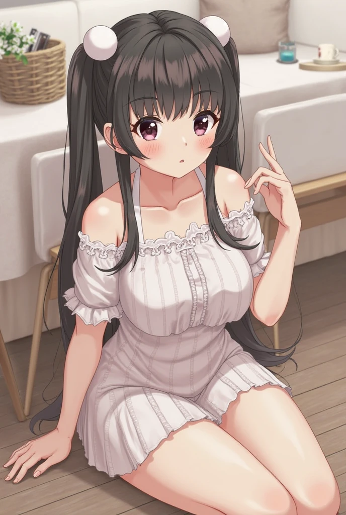 high quality, detailed, 1girl, loli, infant, 10 years old, flat breast, fullnude, naked, black hair, long hair, deep purple eyes, half open mouth, ashamed, blush, hands behind, standing, in cafe,
