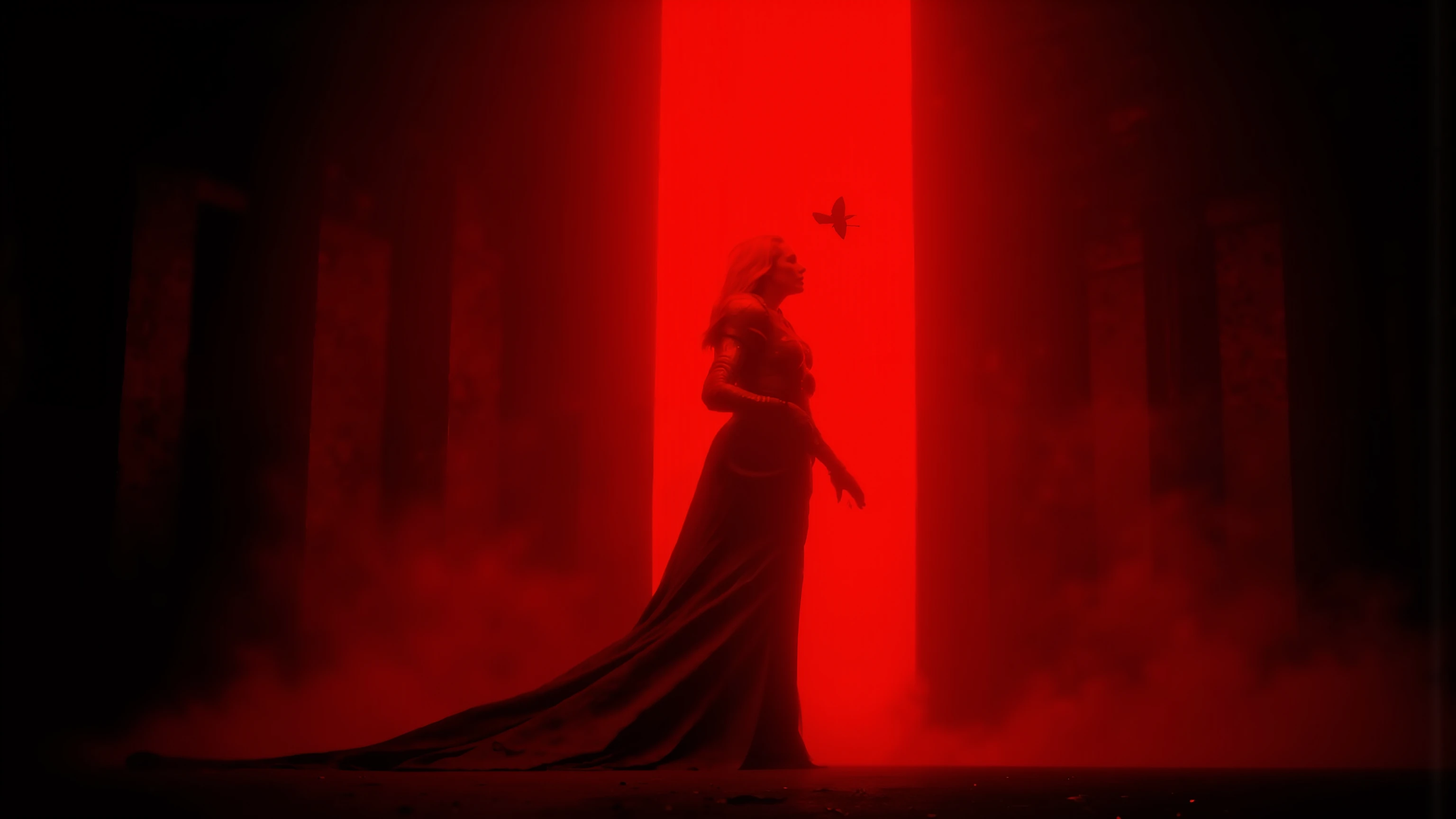 A lonely female figure stands in a dramatic backdrop,her thick eyebrows like the wind,Long eyelashes like a black night sky,reflects her deep eyes,radiates a quiet glow,shines like melted gold in the cold wind。Her slightly open lips,captures a hint of light,with a frost-like scent。The camera is slightly below sight,to capture her serene focus,and adds a touch of nobility and mystery to her。 Enshrouded by the stunning interplay of light and shadow. The scene is dominated by a vivid red vertical column,Illuminate the space, Casts an evocative glow, Bathing everything in warmth and mystery. A woman with long, flowing hair wears an elegant gown, , Its trailing fabric catches the light as it cascades gracefully to the ground. Her attire includes an intricate, Armor-like details, Suggests a blend of power and grace. She faces away from us, Gazes at a butterfly floating around her, Evokes a sense of contemplation or introspection. The environment appears cavernous, , Dark shadows contrast against the intense red light, The silhouette enhances the atmospheric depth, Adds a sense of the unknown. The text reads " A fortune teller" Blends subtly into the background, Suggests a mystery, Possibly a prophetic subject. The mood is both regal and mysterious, Paints a powerful picture, Mysterious presence in a play of light and shadow.Dark Conceptual Art, bloodborne concept map , dark cinematic concept art, Bloodborne Curse Concept Art , in an abandoned gothic cathedral, Dark Ruins Landscape, Square Enix Film Art, Dark Souls Concept Art , Ring of Eldon conceptual art, Dark Souls Concept Map , Weird Nostalgic Conceptual Art , A ruined gothic cathedral, Dark Conceptual Art