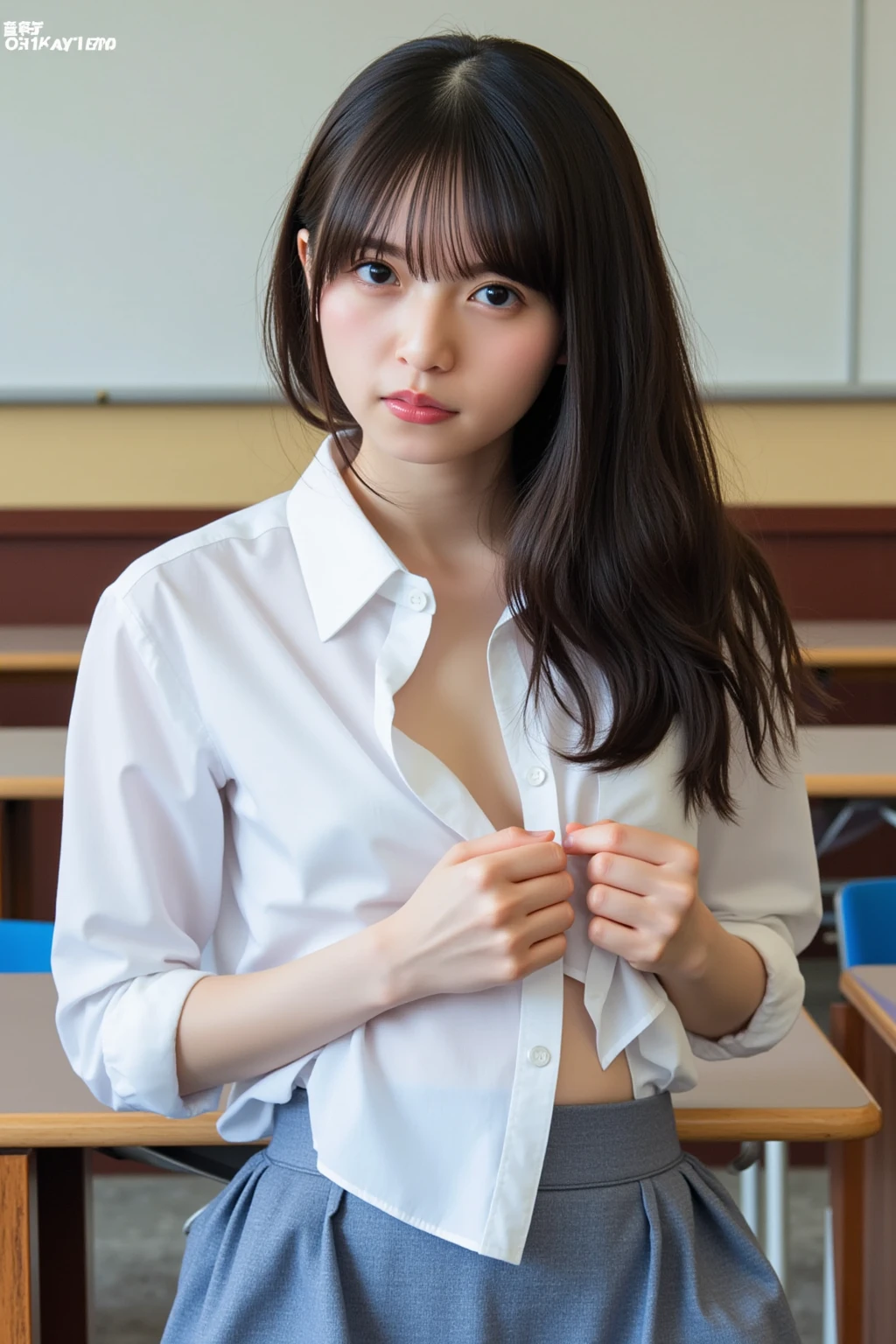 alone、Natural body shape、White skin、Natural Makeup、Black Hair、bangs、Medium Short Hair、Japanese high school uniform、(expensive 、barefoot、Thin, soft fabric full-body tights、p)、、((The upper body is wearing a uniform))、((Looking into the camera))、(((Full body photo)))、(((Exposing your thighs)))、school、High school classroom、On the desk、((barefoot:1.2))、innocent、、A little smile、Face without makeup、Perfect Face、Beautiful thighs thighs、((Small head:1.1))、analog film、Official Art、relax、Photo taken by lover、Selfie、Thighs are shown、The sunlight is hitting my face and body,Old Polaroid Film,150mm lens、f/1.4、Interplay of light and shadow、Artwork、Old movies、I like to publish、I like to have people look at my inner thighs、I like to take off my clothes、I want to touch my boobs?、Mouth open、Sad expression、I fell in love、I want you to touch me、16First experience at age