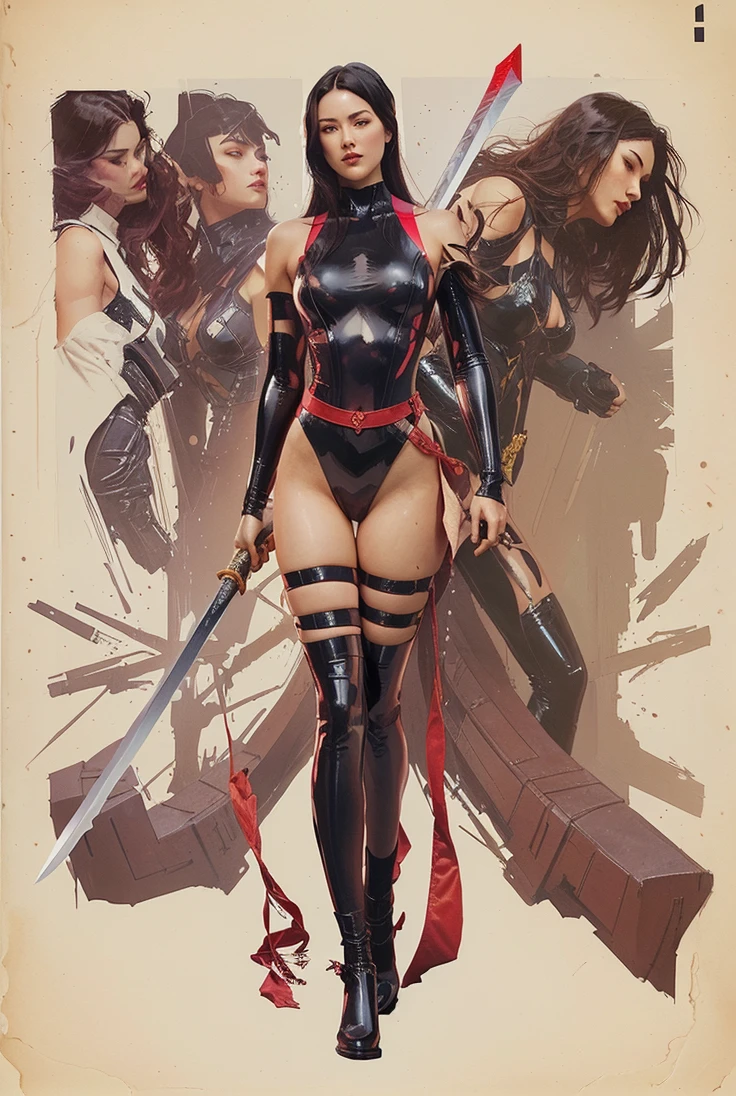 1girl, female assassin, miniskirt, black hair, full body shot, clyde caldwell, red lips, leotard, massive tits, cleavage