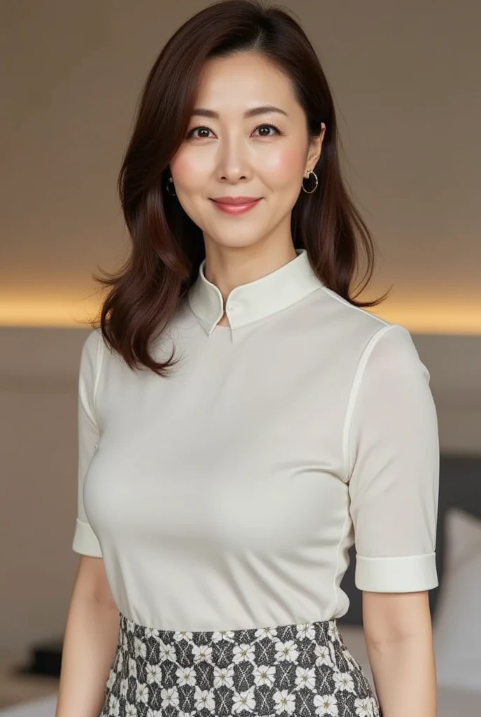 Beautiful Korean Woman , 32 inch chest size, Your eyes are big and pretty. Standing by the window in the living room of a luxury apartment. short medium hair, Smile, uhd