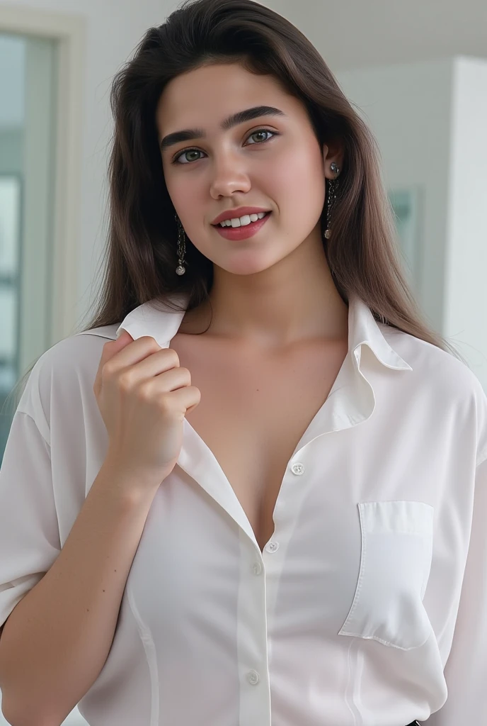 Pretty white-skinned woman, 27 years old, dark, curly and shiny shoulder-length hair, wavy to defined curly shiny hair ((short black pleated skirt)), medium thighs (best quality: 1.5) (black blouse with transparency) , ((small bust), sitting in a white armchair, beautiful brown eyes, left profile, beautiful medium face, very sensual view of the viewer (mouth open, smile) arms up behind the head
