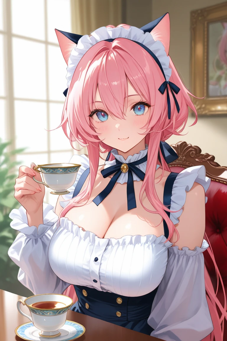 Masterpiece, best quality, expressive eyes, perfect face, 1girl, rabbit ears, solo, animal ears, blush, rabbit costume, breasts, monster girl, cup, teacup, looking at viewer, smile, pink hair, tea, fluffy 