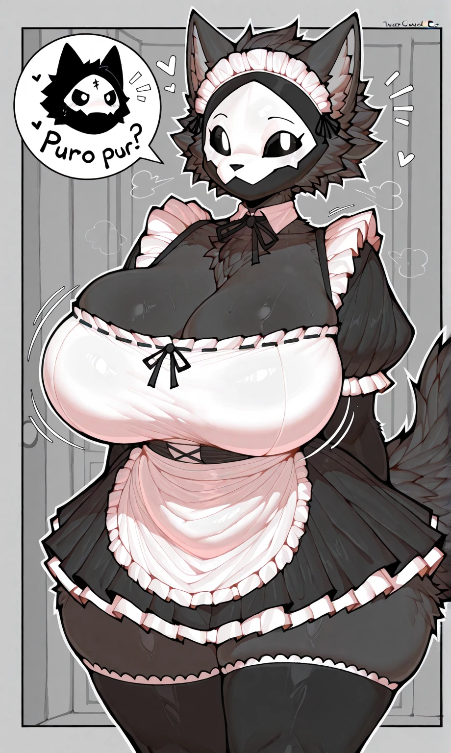 by zackary911, (coffeesoda:1.1), hioshiru, zackary911, puro, anthro, futanari, solo, fur, 2022, lidded eyes, maid outfit, cat maid, large breasts, black skin, black gloves, thigh high socks, collar, tail bow, large purple knot, gigantic balls, huge genitals, watery genitals, hugepurplecock, largedick, presenting, whitecum spewing from hugepurplecock,
