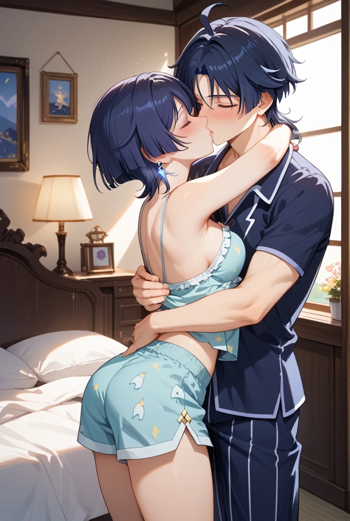 One man、One woman、Completely naked、Abdominal muscles、Grab the waist、blush、chest、dorsal position、Man behind woman、Heterosexual、Naughty expression、Sex、Erect male genitalia、Inserting a male organ into a female organ、Bedroom、Drooping motion lines、Curvy、Completely naked、大きなchest、Nipples、Completely naked、大きな女性のchest、Nipples、Bedroom