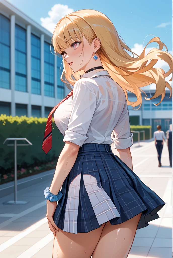 (((masterpiece))), MarinKitagawa, 1girl, long hair, looking at viewer, blush, smile, open mouth, skirt, blonde hair, large breasts, shirt, red eyes, 1boy, holding, cleavage, jewelry, school uniform, white shirt, :d, pleated skirt, earrings, outdoors, necktie, teeth, solo focus, choker, collared shirt, bag, blurry, bracelet, blue skirt, plaid, blurry background, black choker, plaid skirt, phone, piercing, cellphone, ear piercing, holding phone, school bag, blue necktie, tied shirt, bead bracelet,