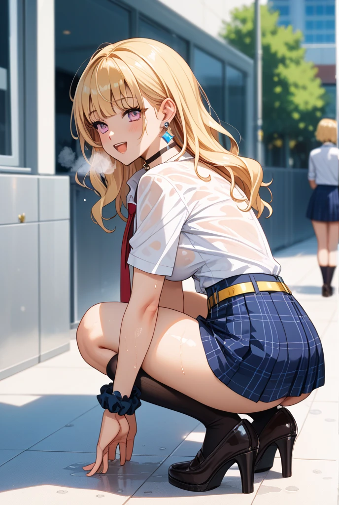 (((night,真night中))),((Dark atmosphere)),((Perfect Anatomy,masterpiece、Highest quality、Ultra - High resolution、High resolution、Highly detailed CG、8K)),Cowboy Shot,((attractive way to sit)),((((Crouching pose)))),1 female,alone,18-year-old、High school girl beautiful girl,Japanese,((Beautiful and graceful face and eyes:1.2,Big beautiful eyes:1.3,)),(Brighten your eyes),((Beautiful woman))、blonde,Long Hair,(Center parted hair:1.4,amount),Medium Chest,((The body is slim)),Small Head:1.3,skinny,(Brown Skin:1.4),(Oily skin,Glowing Skin,Shiny skin,Sweat:1.2),(school uniform、Dark blue blazer jacket、Checkered pleated mini skirt),Dirty back alley、Tokyo、((Turn your body forward))、((((Showing panties)))),(Lonely),((Feeling depressed))、Stick out your crotch、((Urinating、Urinating、Peeing)), (Panties are stained with pee),NSFW,